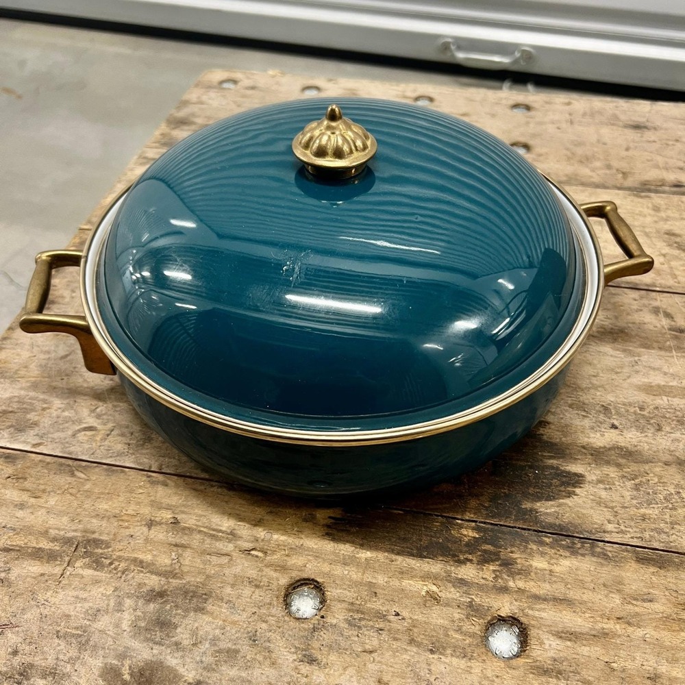 Vintage Porcelain Enamel Teal La Cuisine 1983 Gailstyn Sutton Covered‎ Pot